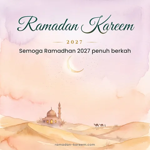 Ramadan Kareem 2027 – Lukisan cat air senja di gurun dengan masjid dan unta