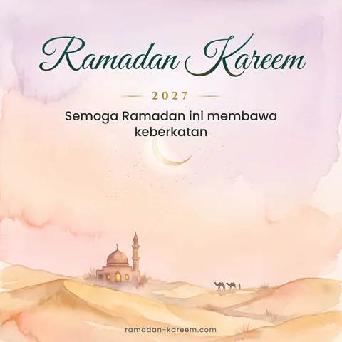 Ramadan Kareem 2027 – Lukisan cat air senja di padang pasir dengan masjid dan unta