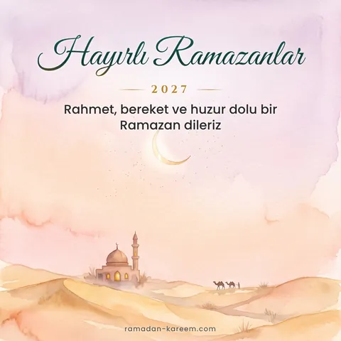 Hayırlı Ramazanlar 2027 – Cami ve develerle suluboya çölde gün batımı