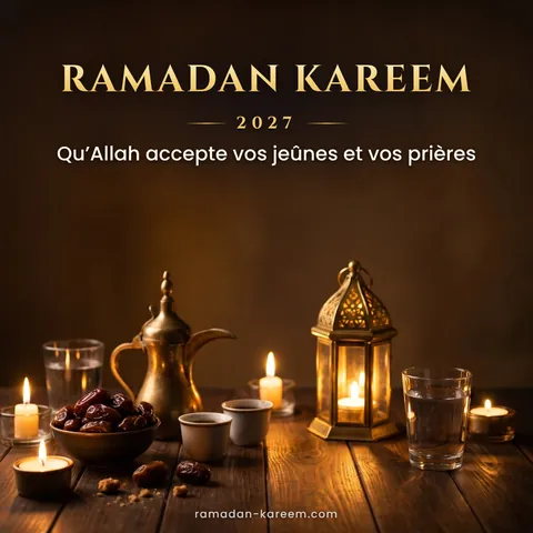 Ramadan Kareem 2027 – Table d’iftar avec dattes, café arabe et lanterne