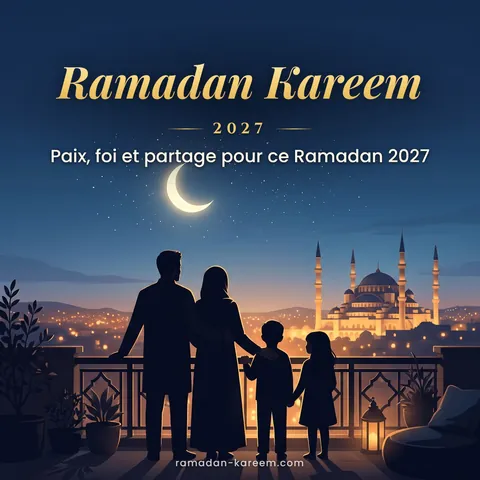 Ramadan Kareem 2027 – Famille sur un toit observant le croissant du Ramadan