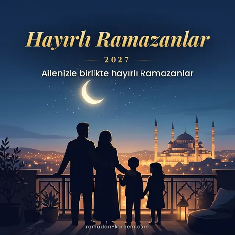 Hayırlı Ramazanlar 2027 – Çatıda Ramazan hilalini izleyen aile