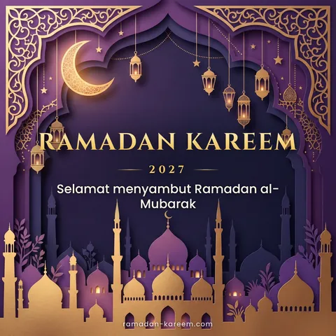 Ramadan Kareem 2027 – Masjid potongan kertas ungu dan emas dengan tanglung