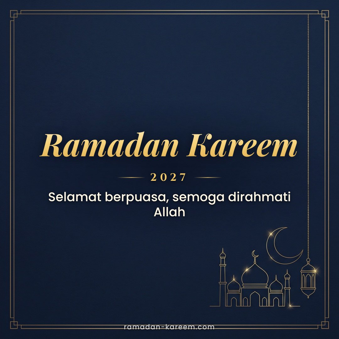 Ramadan Kareem 2027 – Kad biru tua dan emas bergaya lukisan garisan untuk kerja dan perniagaan