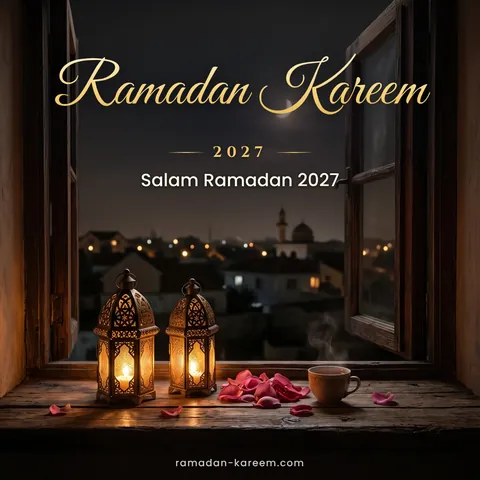 Ramadan Kareem 2027 – Dua tanglung di tingkap menghadap bulan sabit