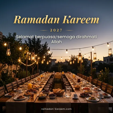 Ramadan Kareem 2027 – Meja berbuka puasa di luar rumah di bawah lampu lip-lap ketika senja