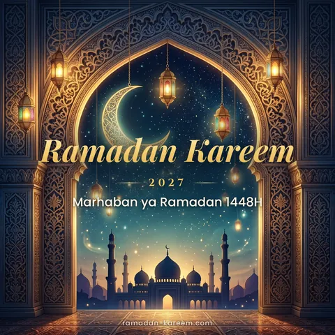 Ramadan Kareem 2027 – Pintu gerbang berukir yang terbuka ke malam Ramadan berbintang